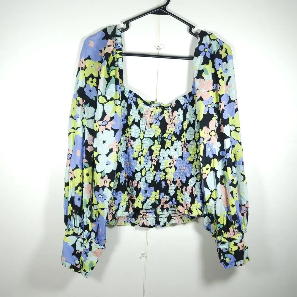 Free People Ariana Women's Sz L Multicolor Floral Smocked Puff Sleeve Crop Top